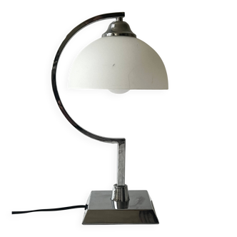 Bureau lamp / bedside lamp Bauhaus chrome metal & opal glass, design 1970