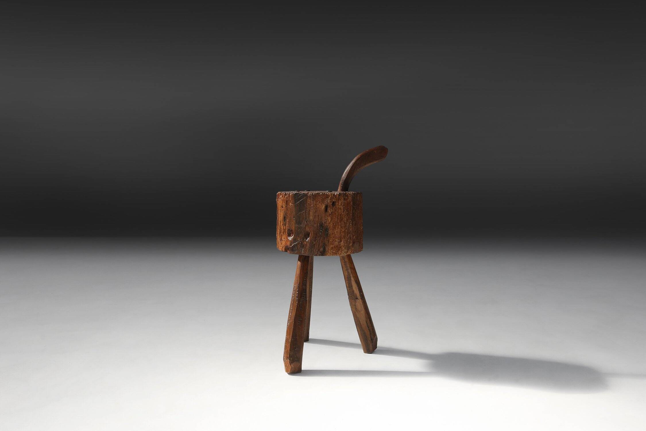 Tabouret en chêne fait main rustique, France, 19ème siècle