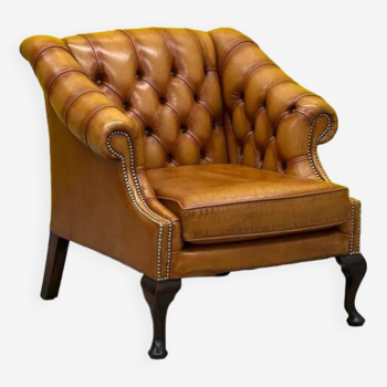 Fauteuil Club en cuir brun vintage Chesterfield Regency Style