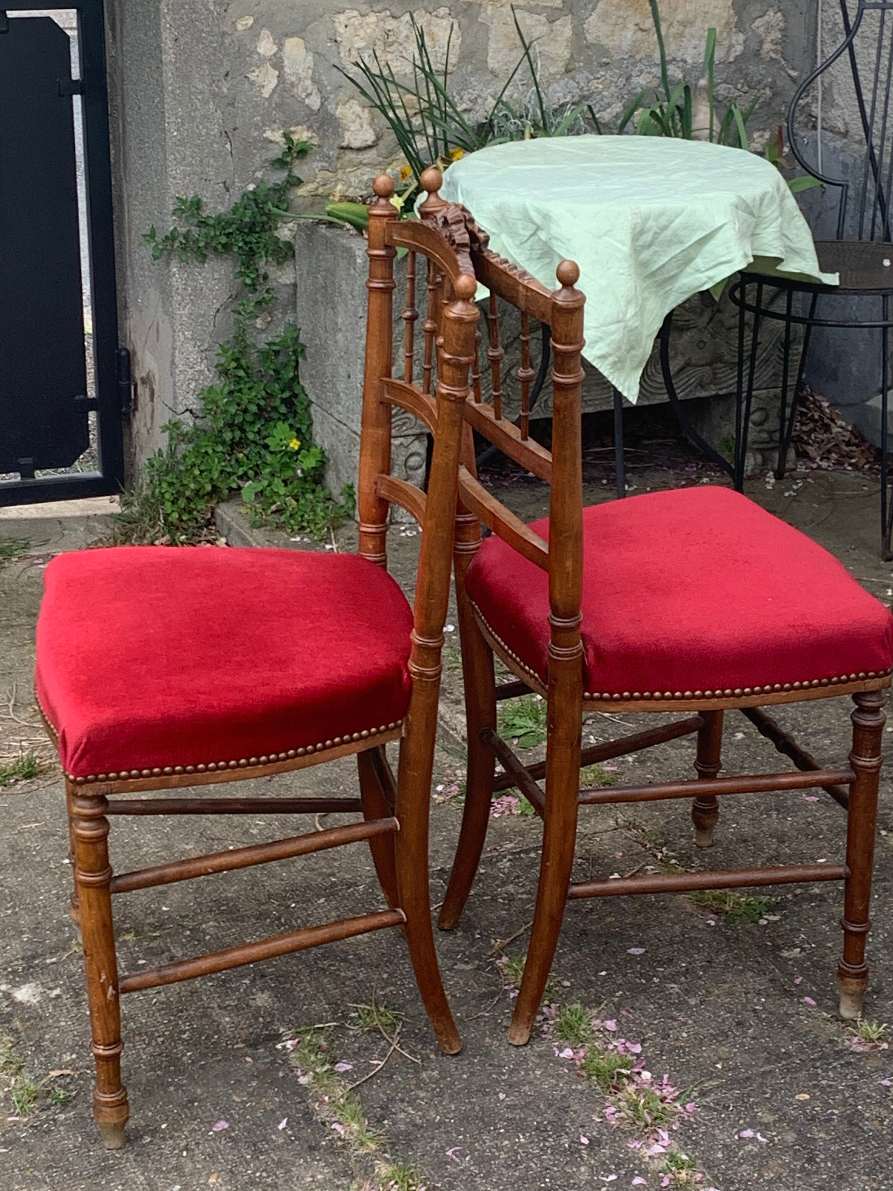 Pair of Napoleon III chairs in wood and red velvet