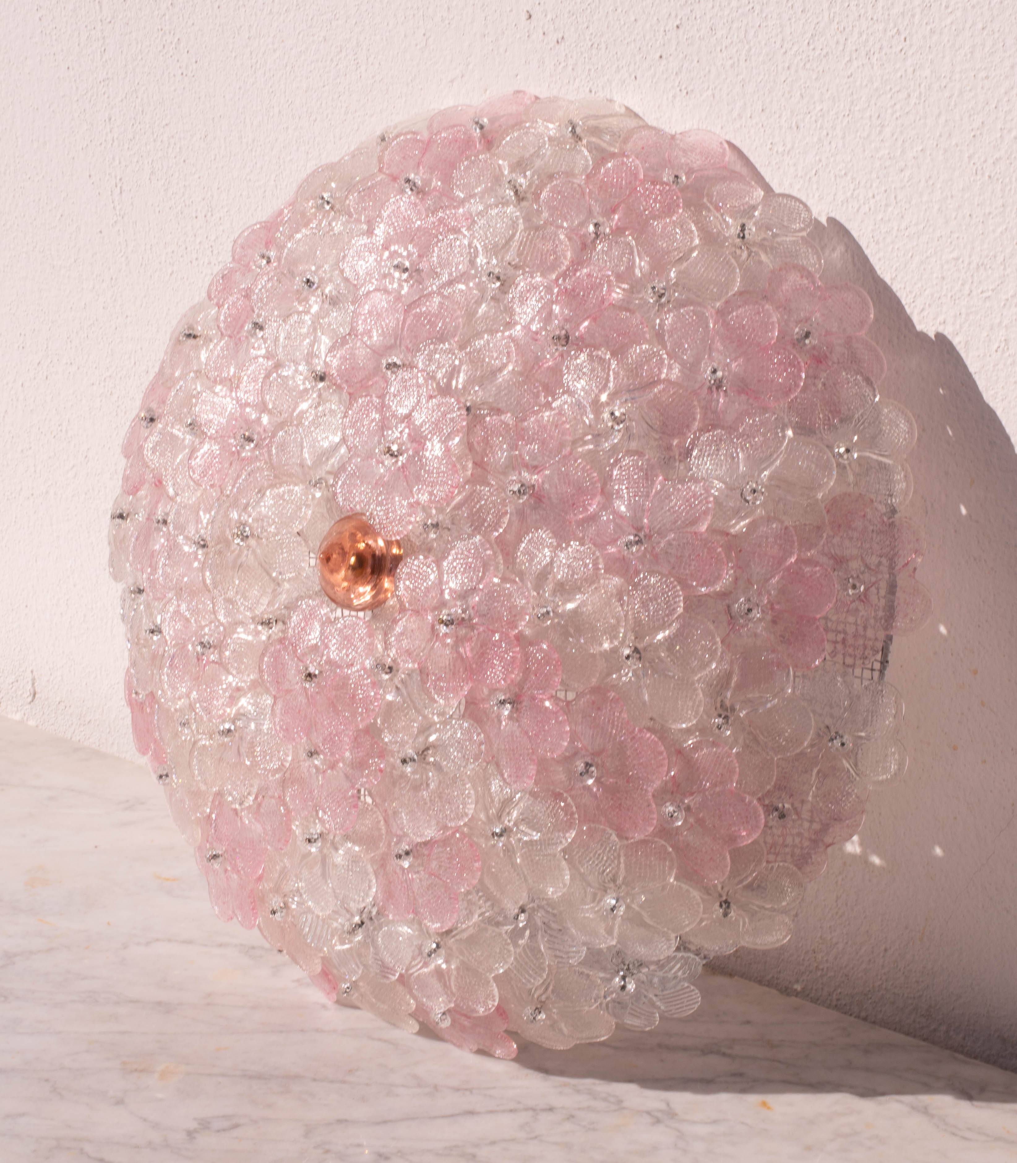 Charming Large Size Murano Ceiling Light Pink Flower by Seguso for Venini,