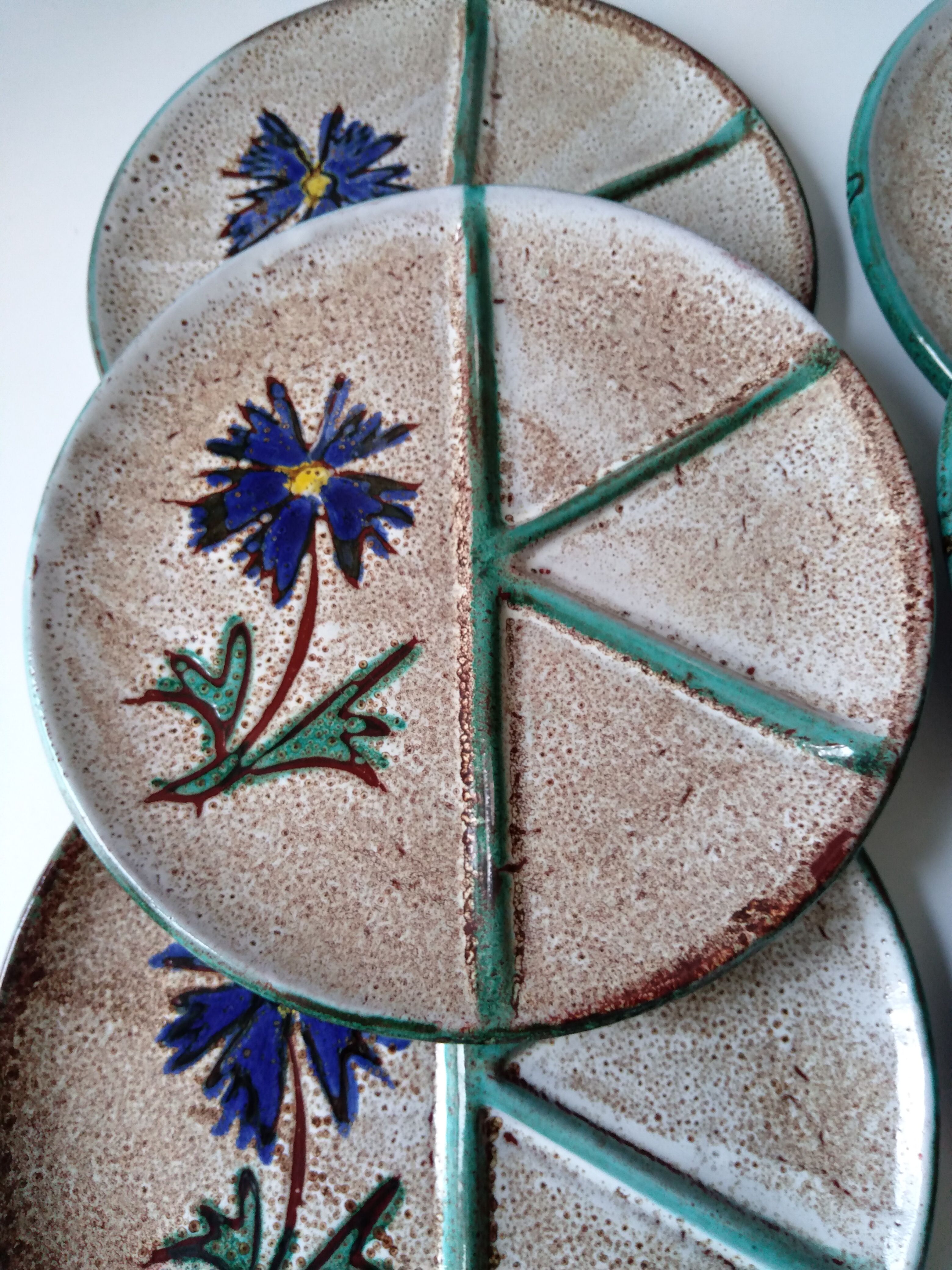 Set of 6 handmade Vallauris ceramic plates beige gray and turquoise blue with flower decoration