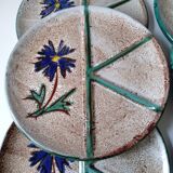 Set of 6 handmade Vallauris ceramic plates beige gray and turquoise blue with flower decoration