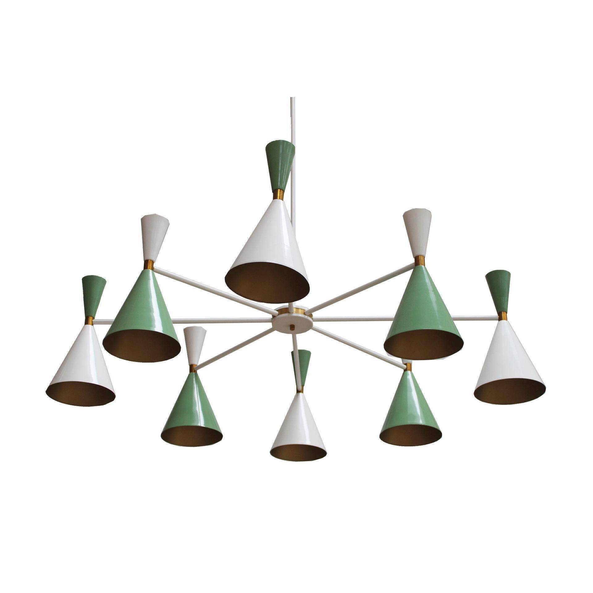 Stilnovo Style White and Green Lacquered Suspension Lamp . Spain, 2022