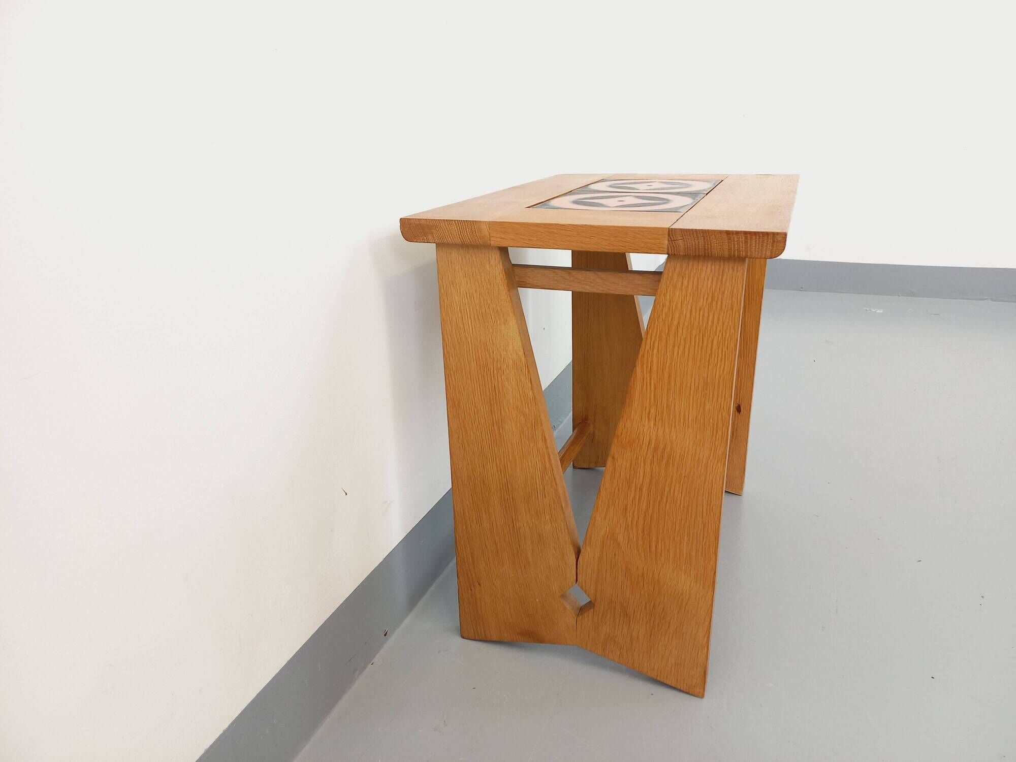 Vintage Guillerme and Chambron coffee and side table in solid oak and ceramic from the 50s and 60s