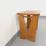 Vintage Guillerme and Chambron coffee and side table in solid oak and ceramic from the 50s and 60s