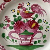 Set of 2 plates XIXth Les Islettes, rooster decoration and flowery basket