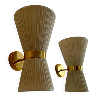 Pair of vintage brass sconces and pleated ecru fabric Italy 1980