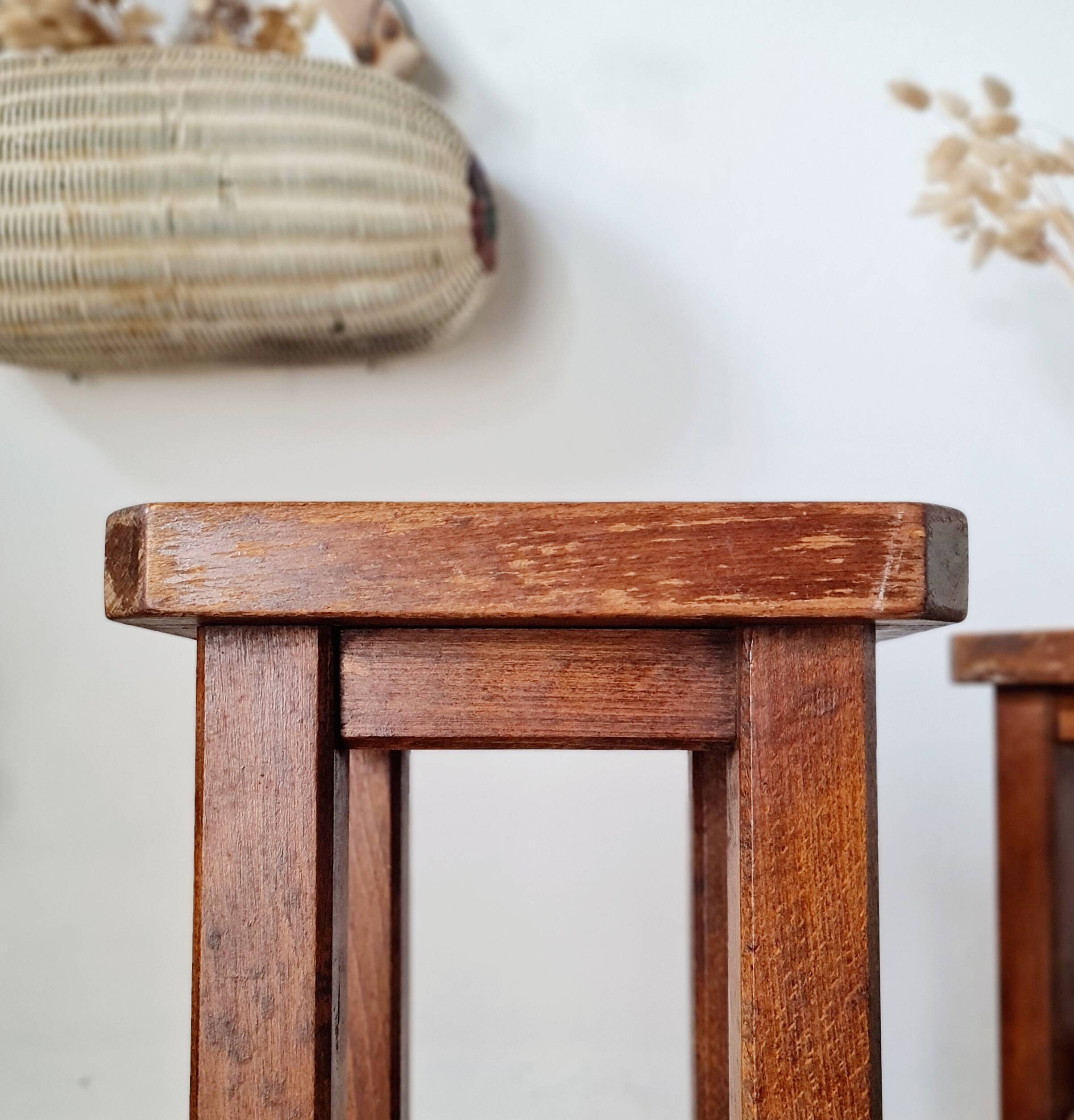 Pair of brutalist wooden stools, bedside tables.