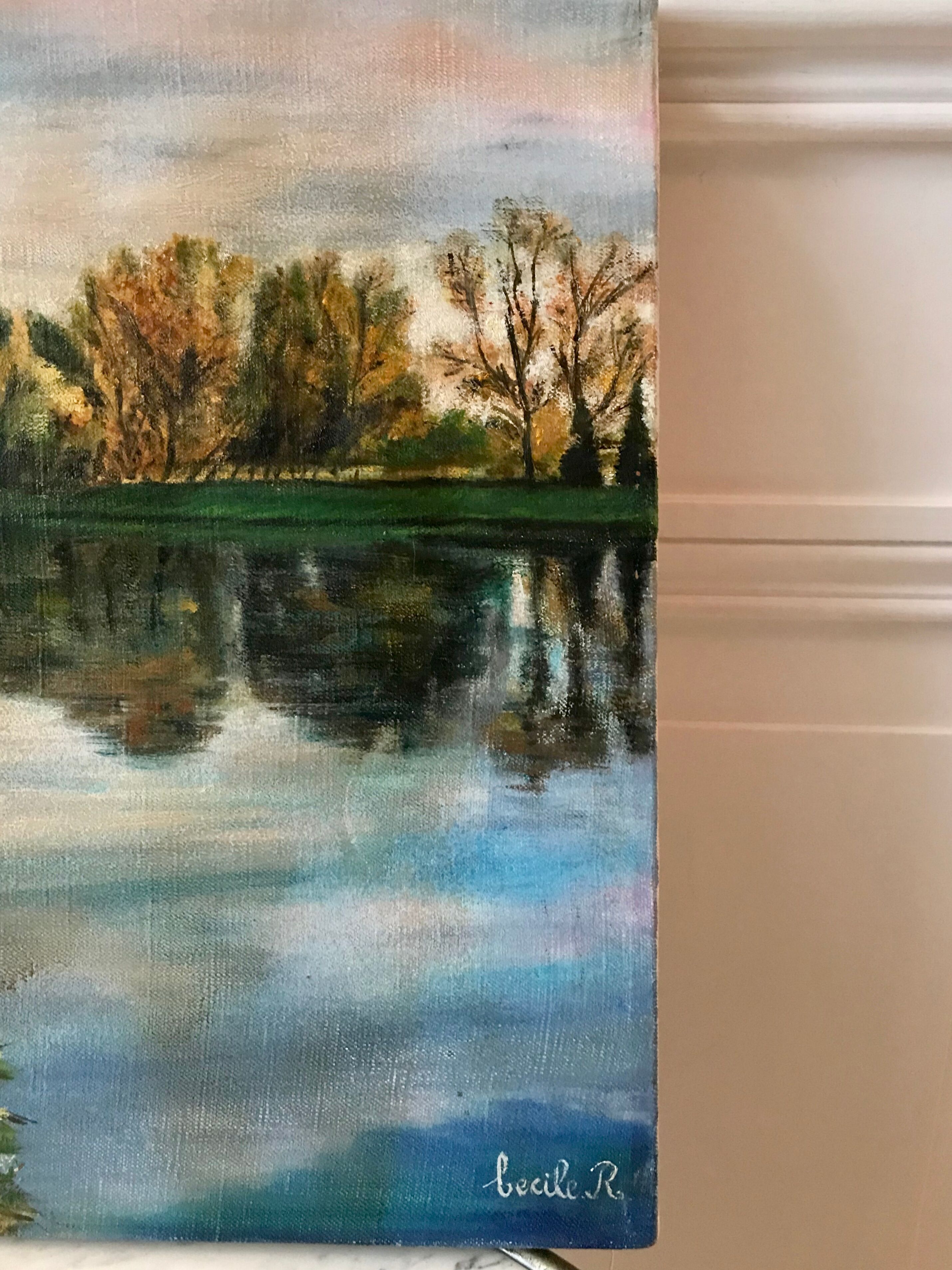 Oil painting on canvas winter landscape and lake signed vintage