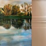 Oil painting on canvas winter landscape and lake signed vintage