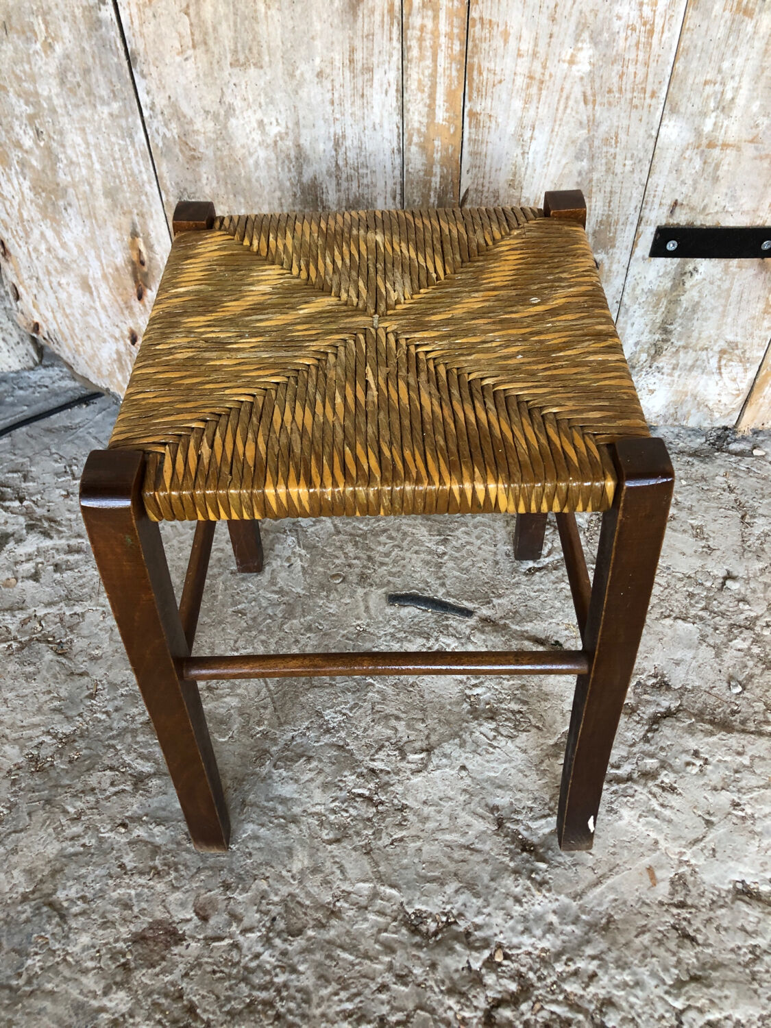 Wooden stool + vintage woven straw seat