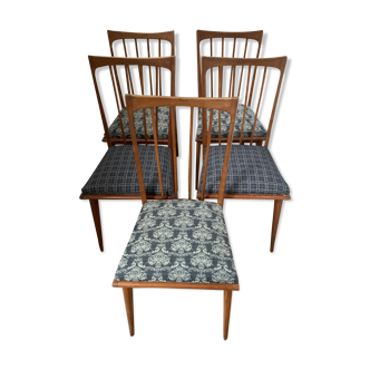 Lot 5 chaises bois tapissé bleu