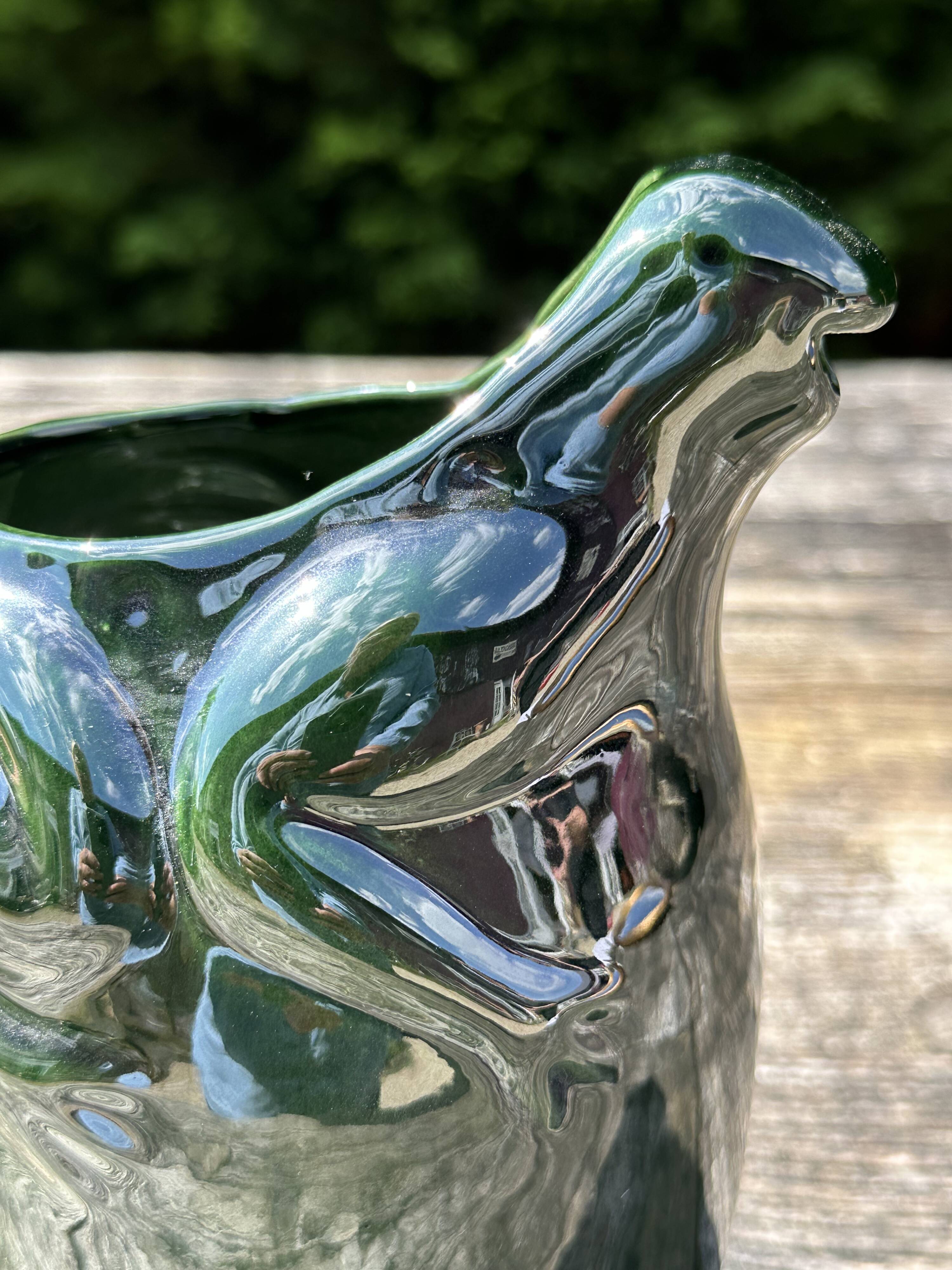 French ceramic dark green frog pitcher