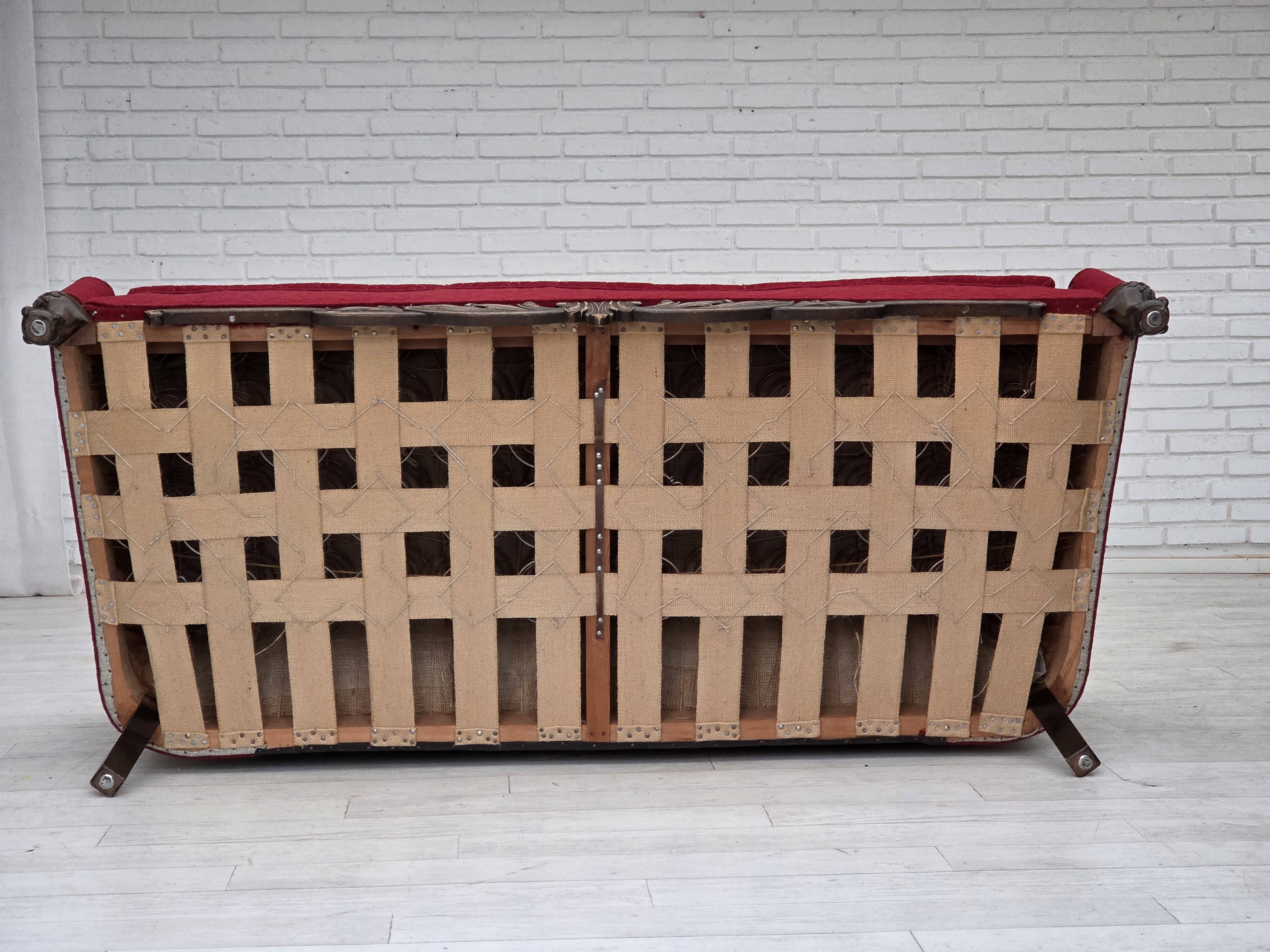 1950s, Danish 3-seater sofa, red and light grey furniture wool, oak wood.