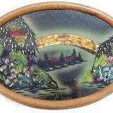 Old serving tray with mother-of-pearl leaf decor / vintage