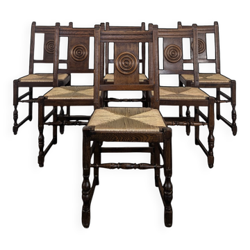 Set of 6 oak chairs in the style of Dudouyt.