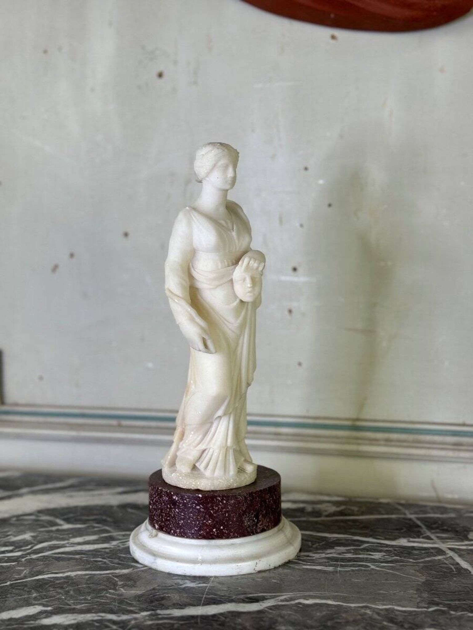 Alabaster sculpture, lady with a mask in the antique style, 19th century