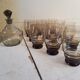 Old deco carafe art service & 12 smoked glass glasses vintage table art