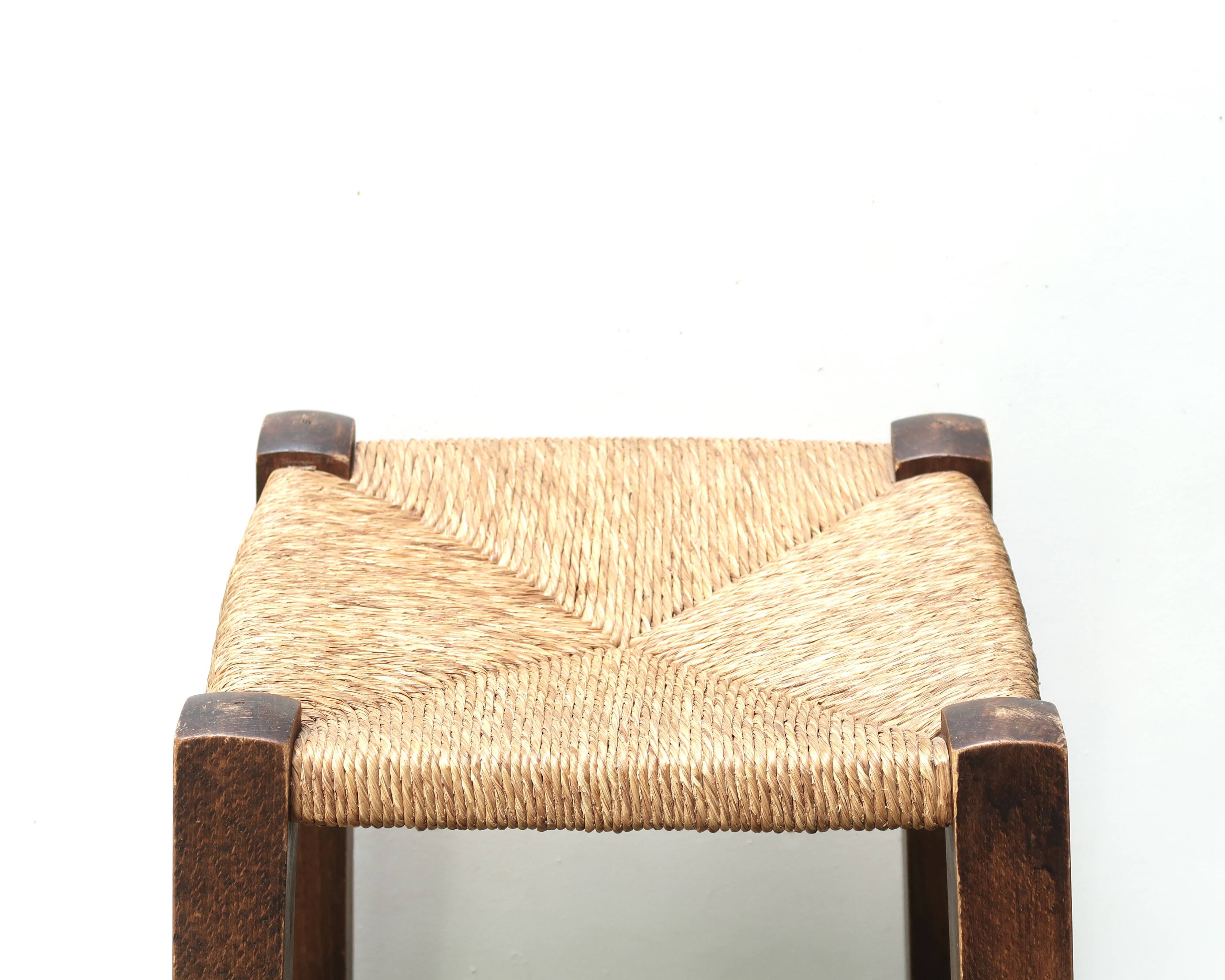 Wooden stool with straw seat, 1970s