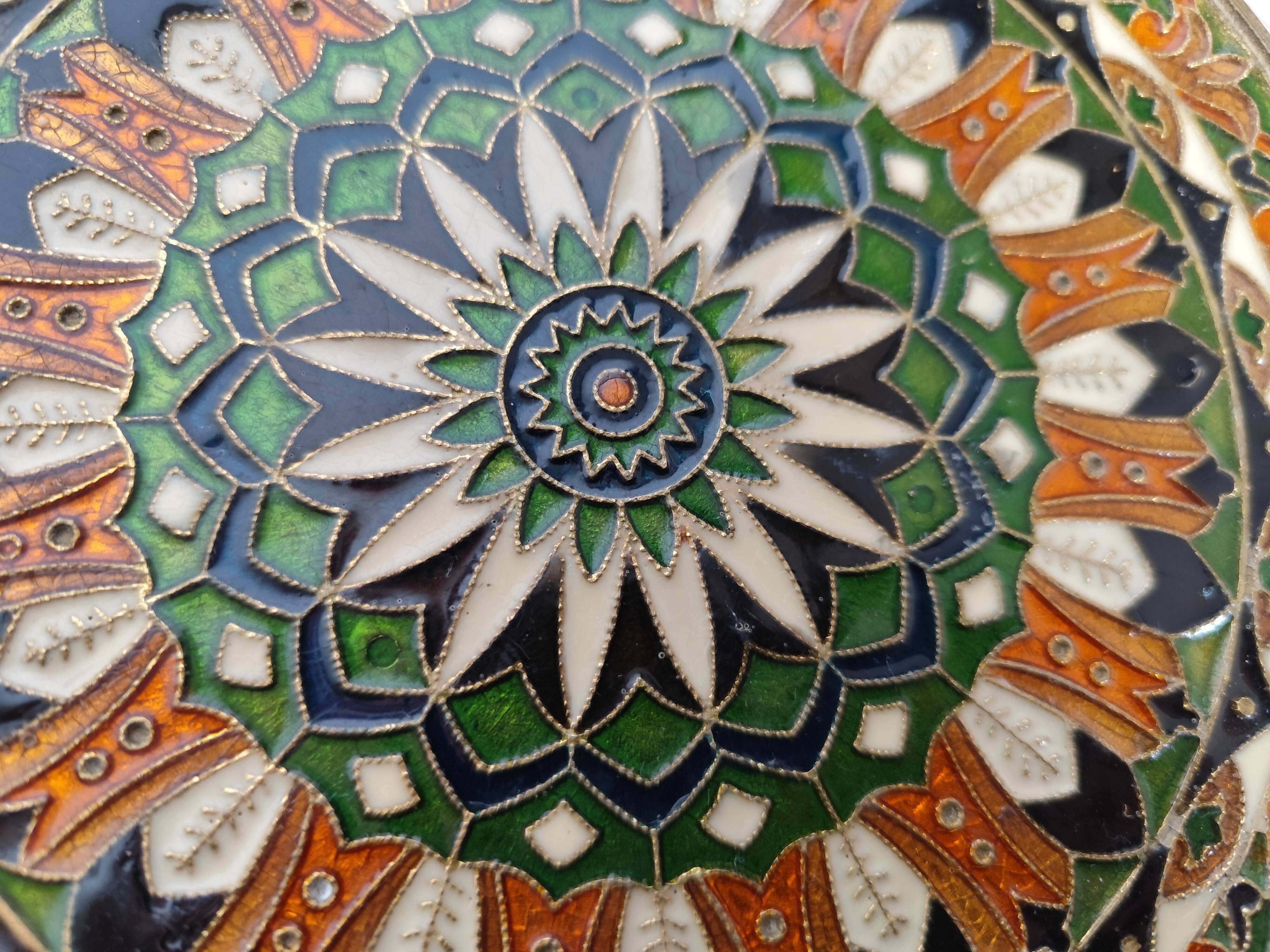 Vintage French decorative plate in brass and mosaic enamel.