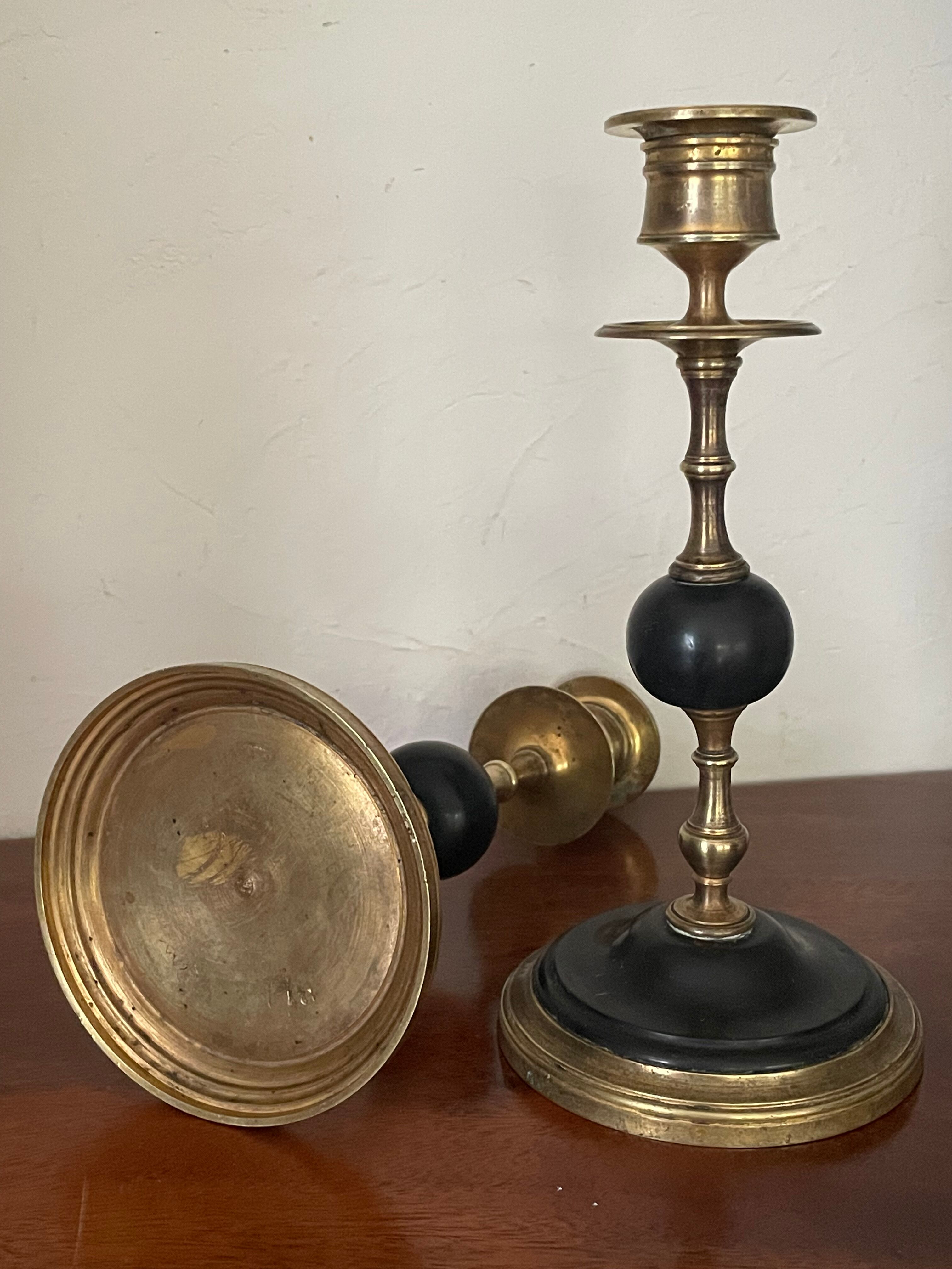 Ancienne paire de bougeoirs marbre noir et laiton XIXème