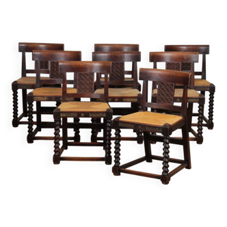 Set of 8 wooden chairs, Breton work from the 1940s.