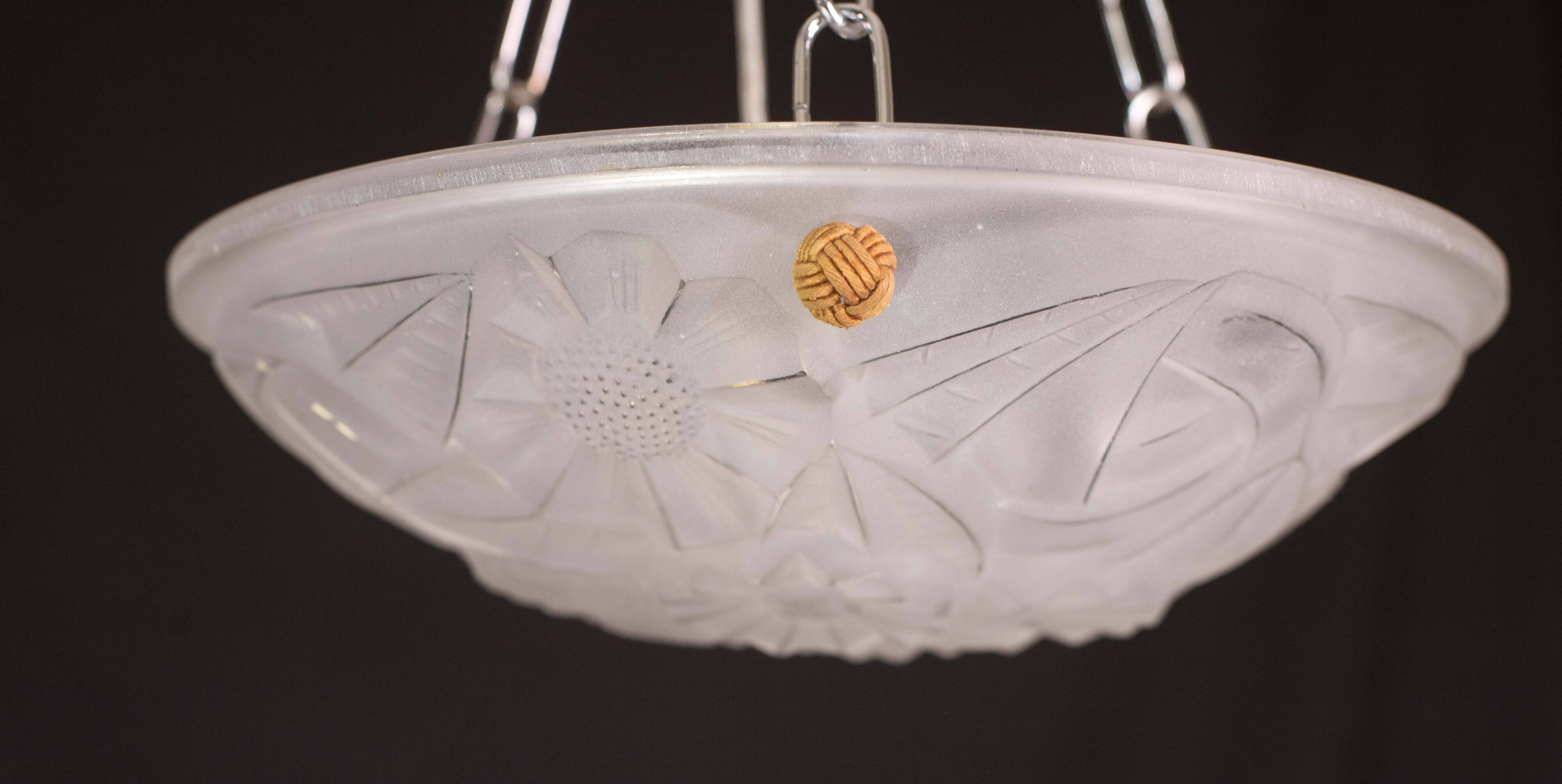 Art Deco Top Quality Pendant Light Floral decorations, Signed Degué