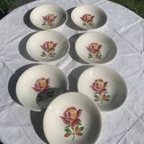 7 soup plates, Gien France, princess model, enameled ceramic floral pattern, roses, painted