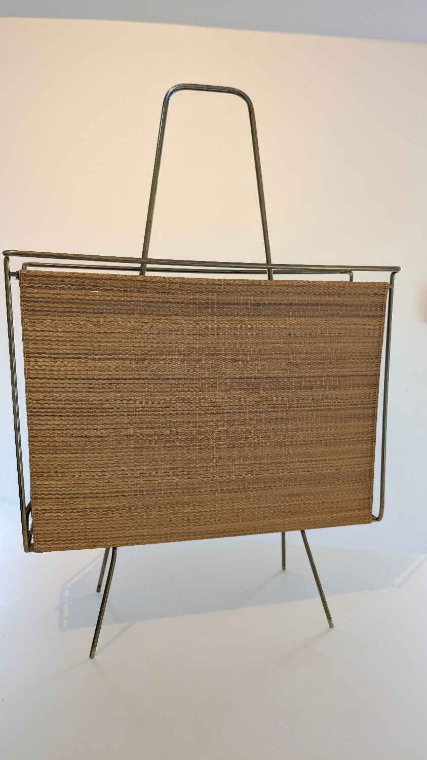 Swedish brass and raffia magazine rack