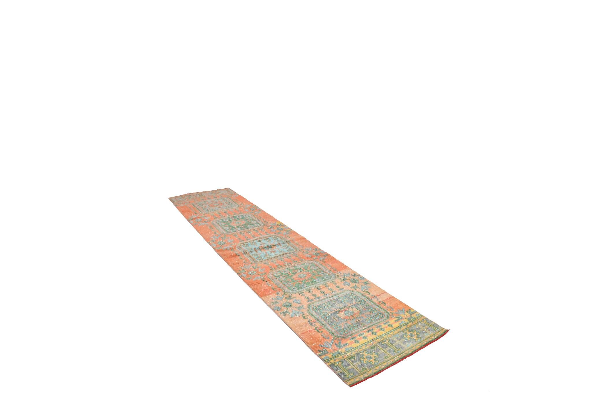 Tapis de couloir vintage antique orange corail, 74 x 334 cm