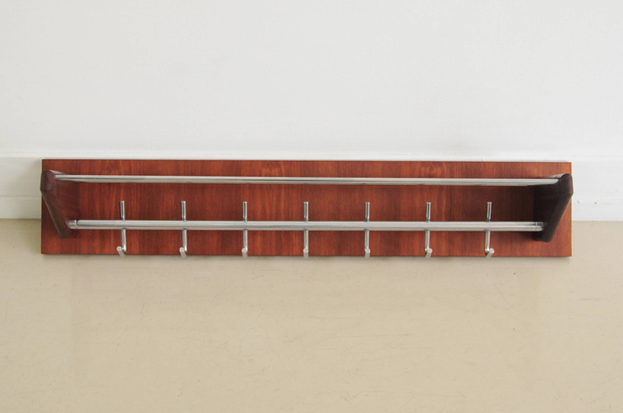 Teak wood & chrome wall coat rack
