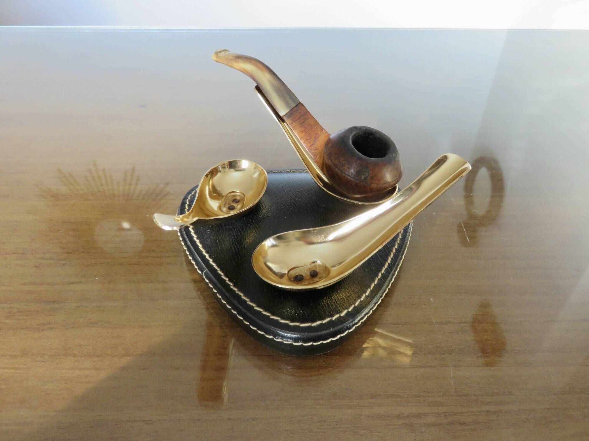 Black leather piped pipe holder with brass, Tremblay edition, Paris