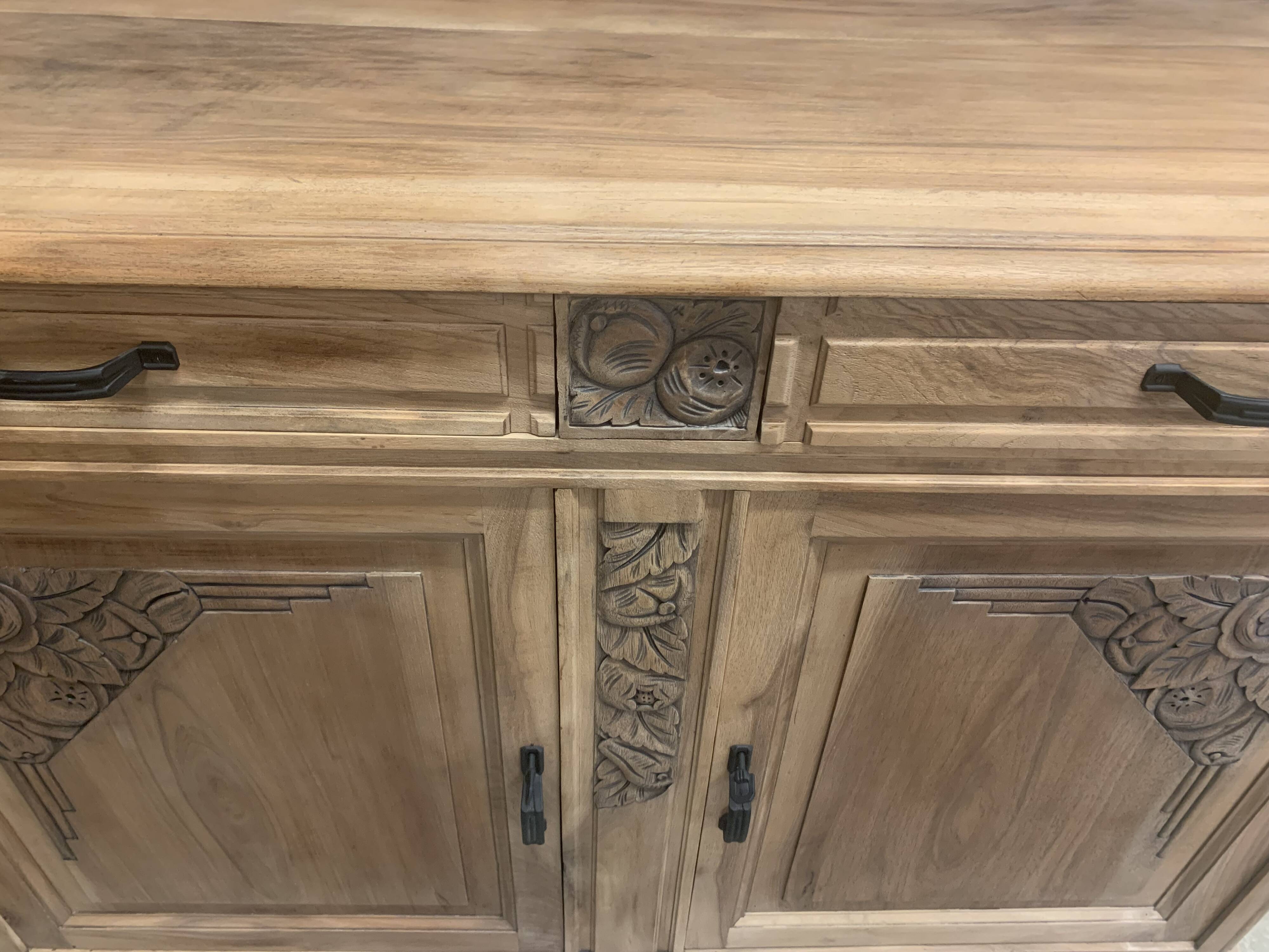 Art Deco raw wood sideboard in solid walnut