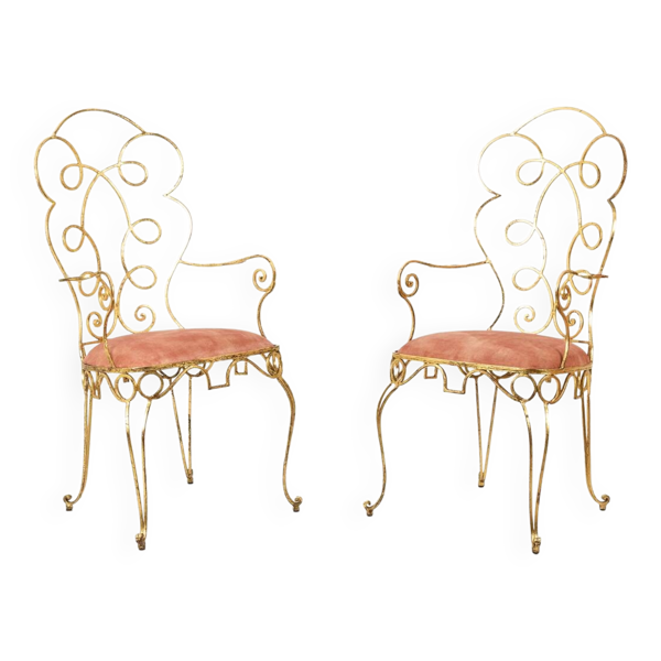 Paire de fauteuils en fer forgé et doré, circa 1990