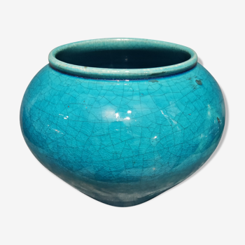 Cache-pot en céramique turquoise signé Lachenal