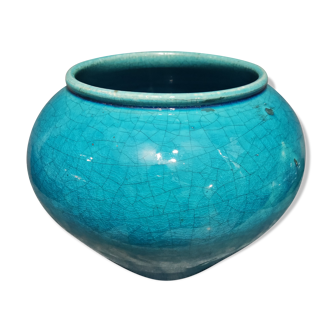 Cache-pot en céramique turquoise signé Lachenal