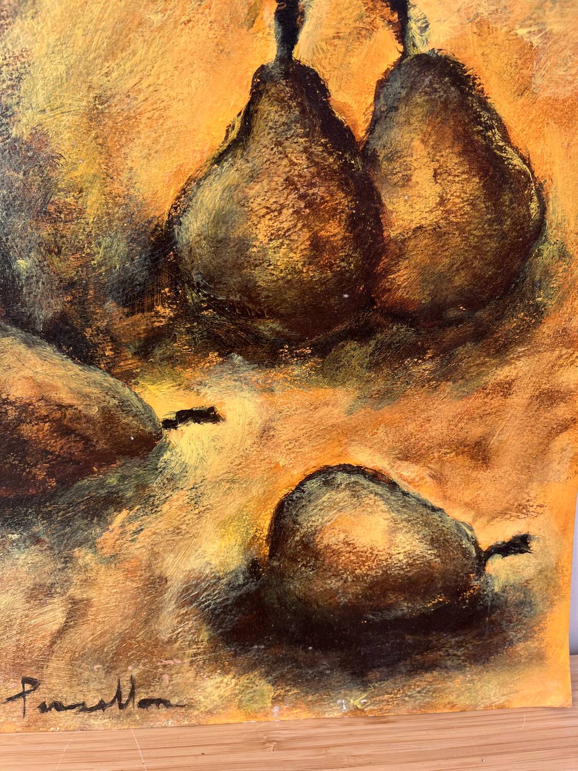 Still life with pears, watercolour on paper signed Françoise Persillon.