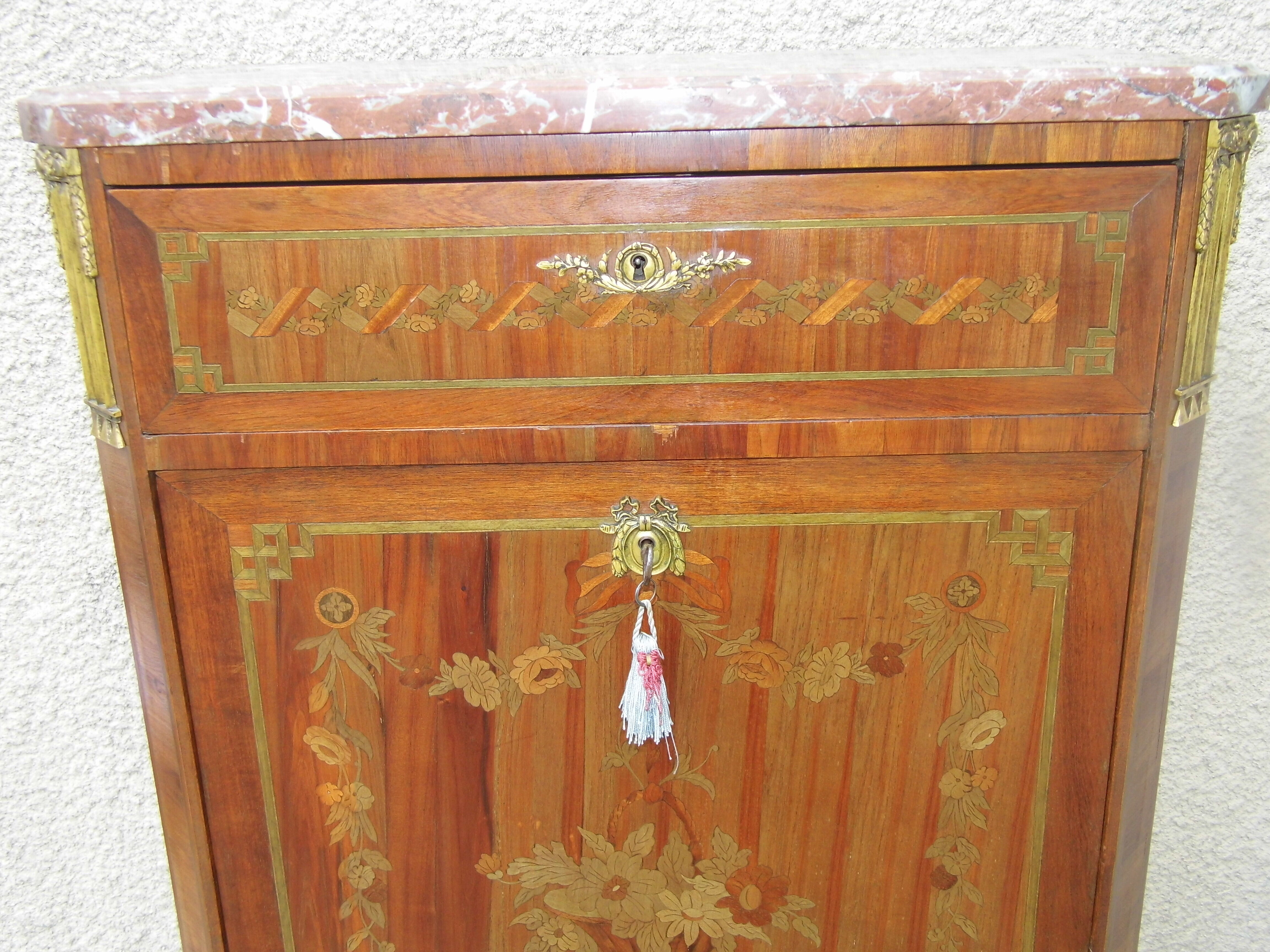 Writing desk louis xvi marquetry rosewood top royal red marble
