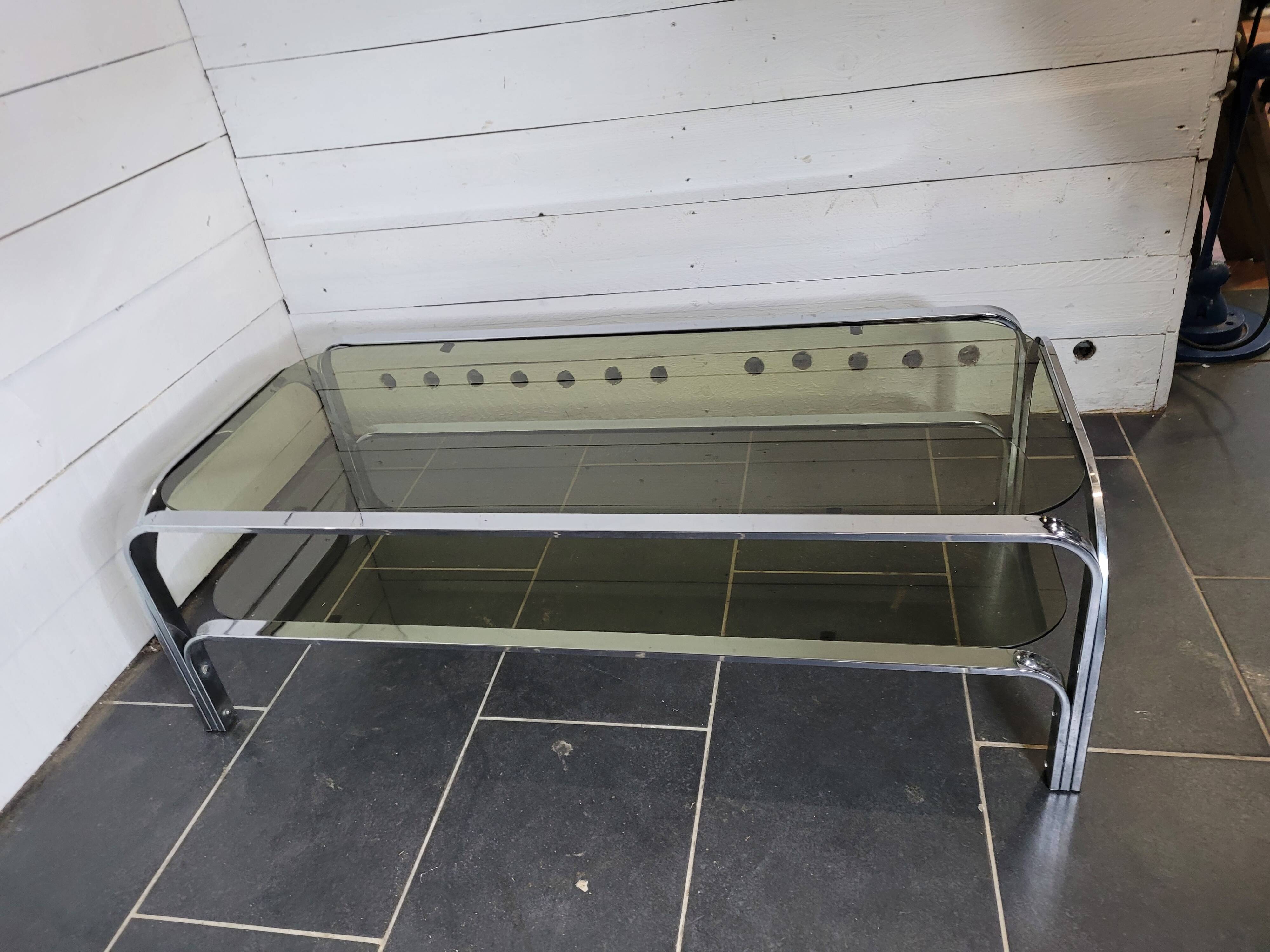 Chromed metal coffee table with smoked glass top from the 70s