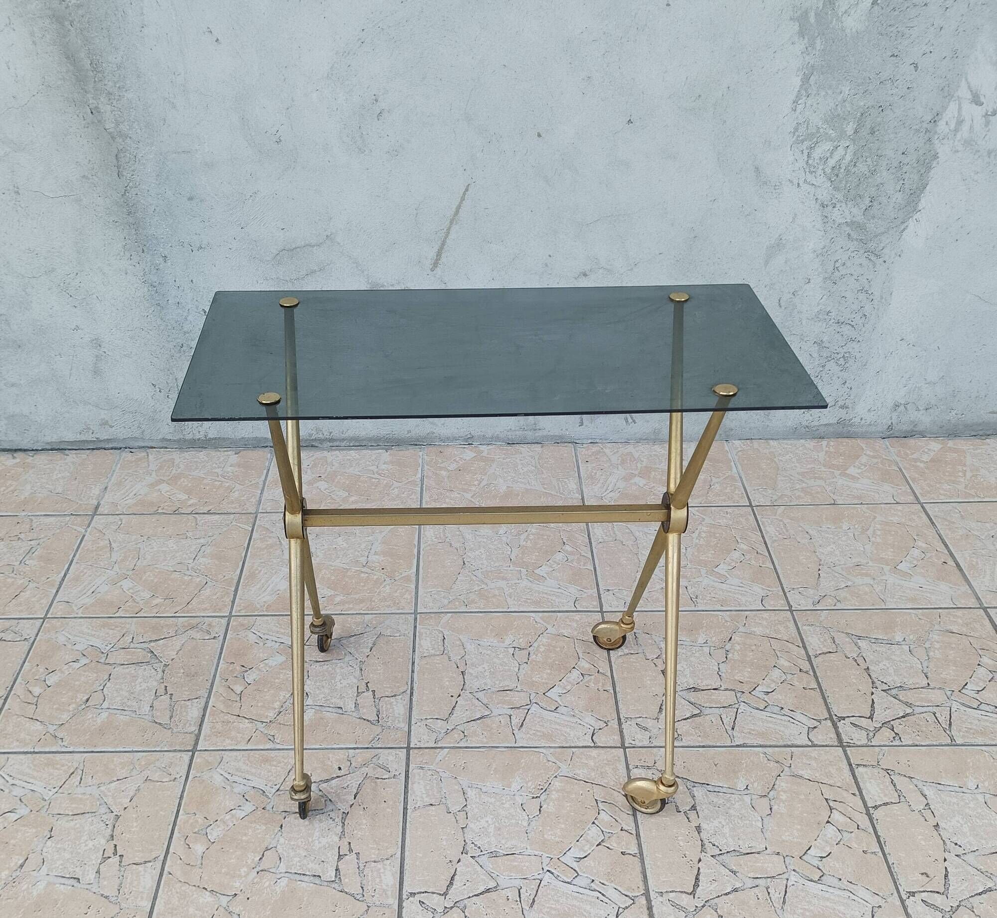 Vintage dessert trolley in brass and smoked glass 1960
