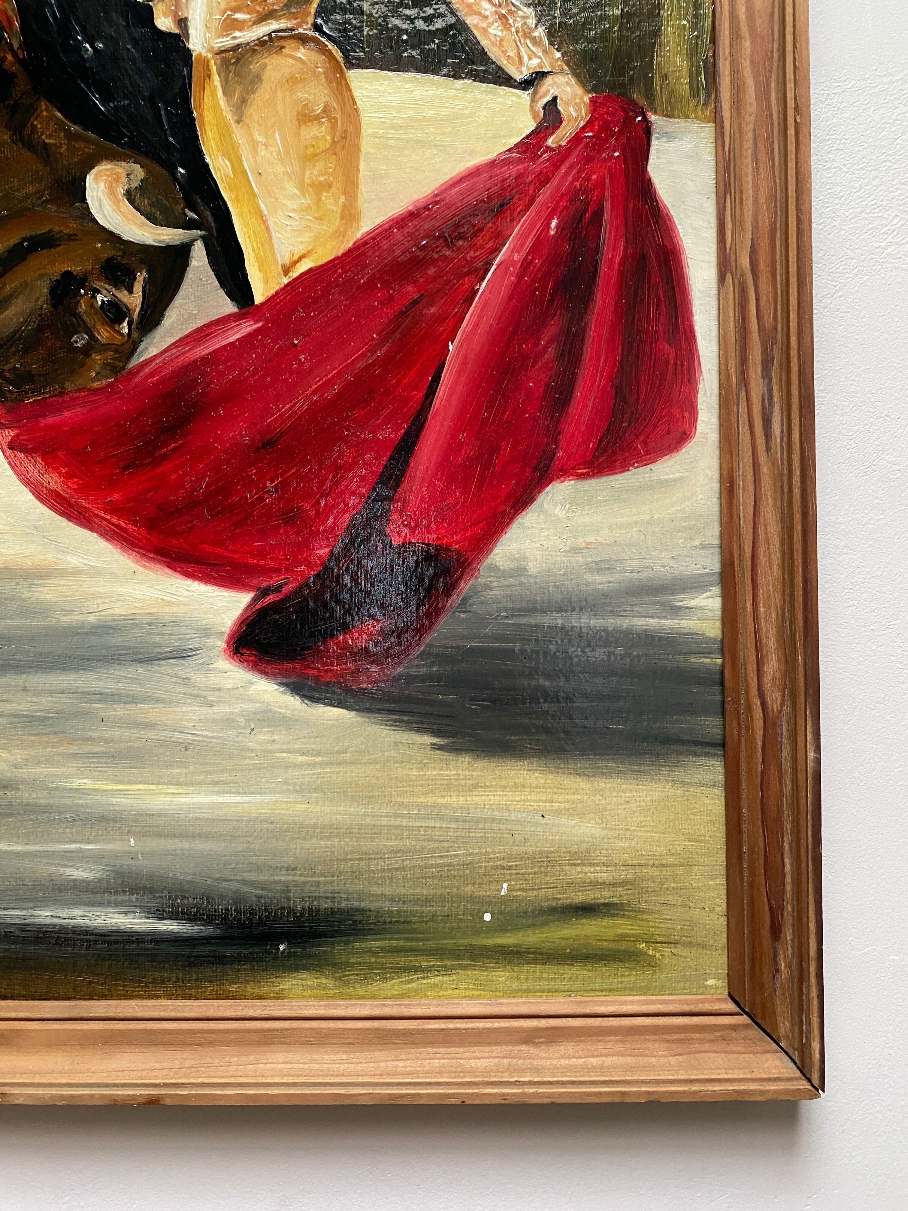 Oil on panel matador bullfighter and bull