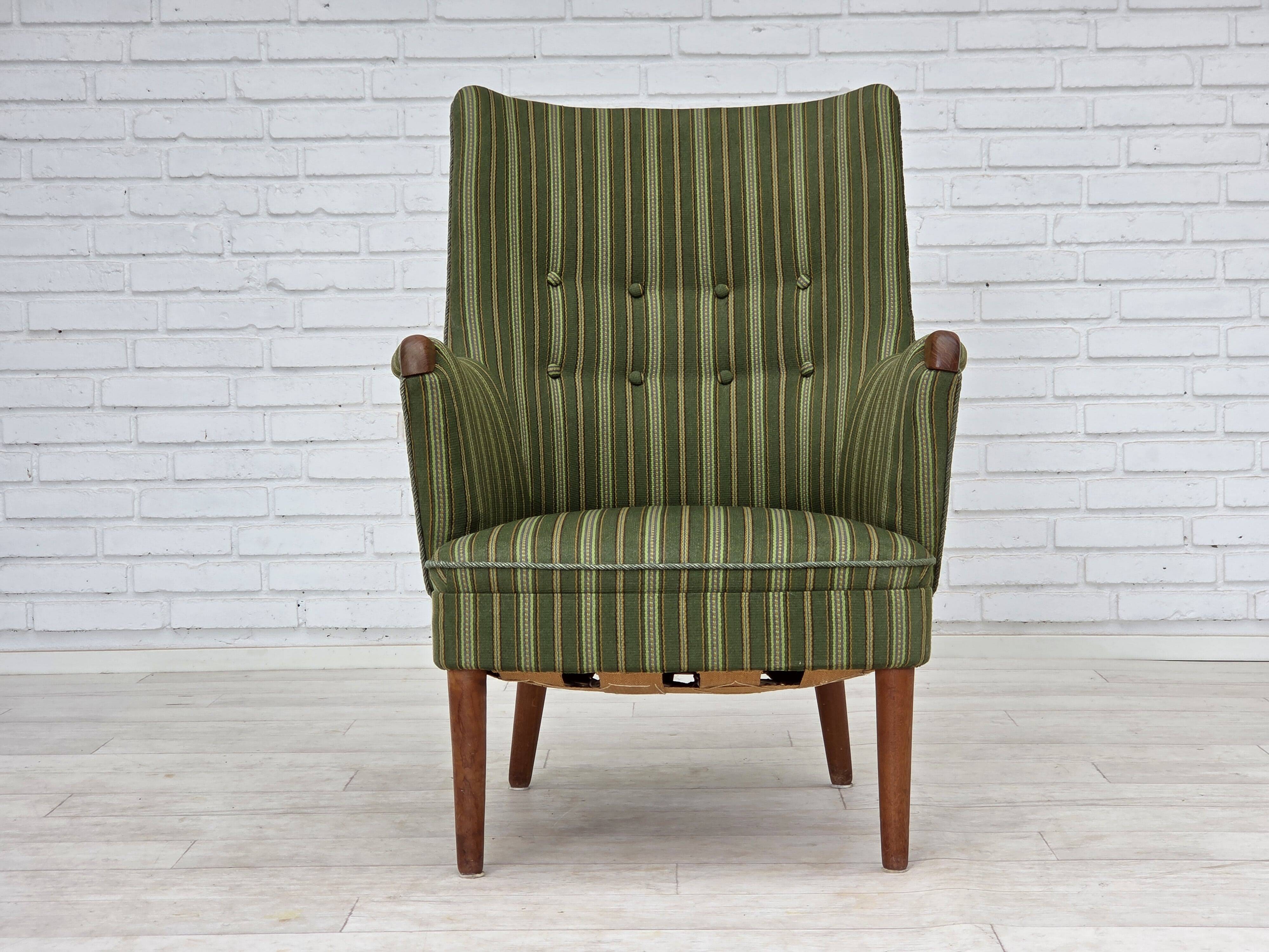 1960s, Danish armchair, green furniture wool, teak wood.