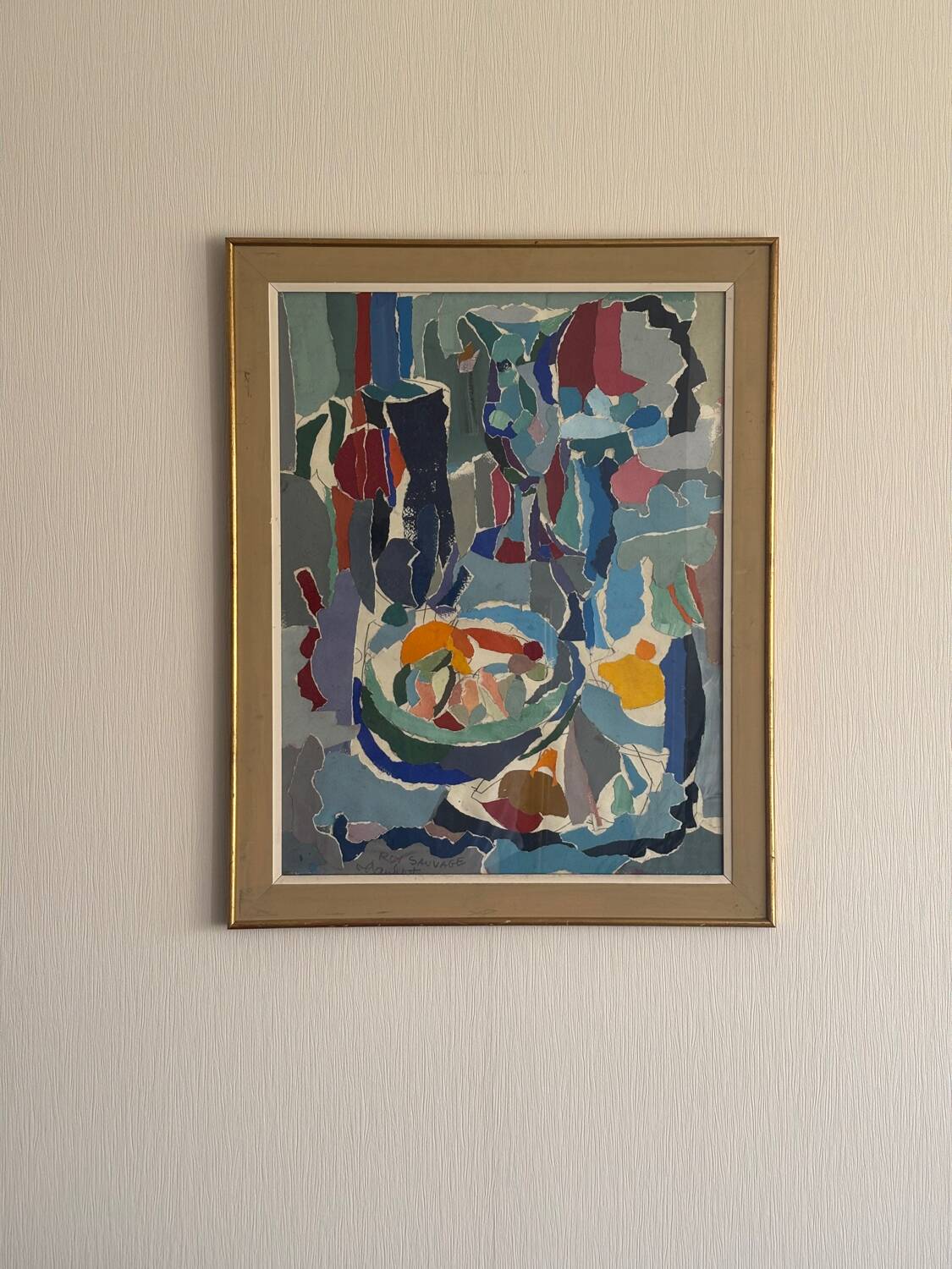 Tableau collage « le fouillis Bleu » signé