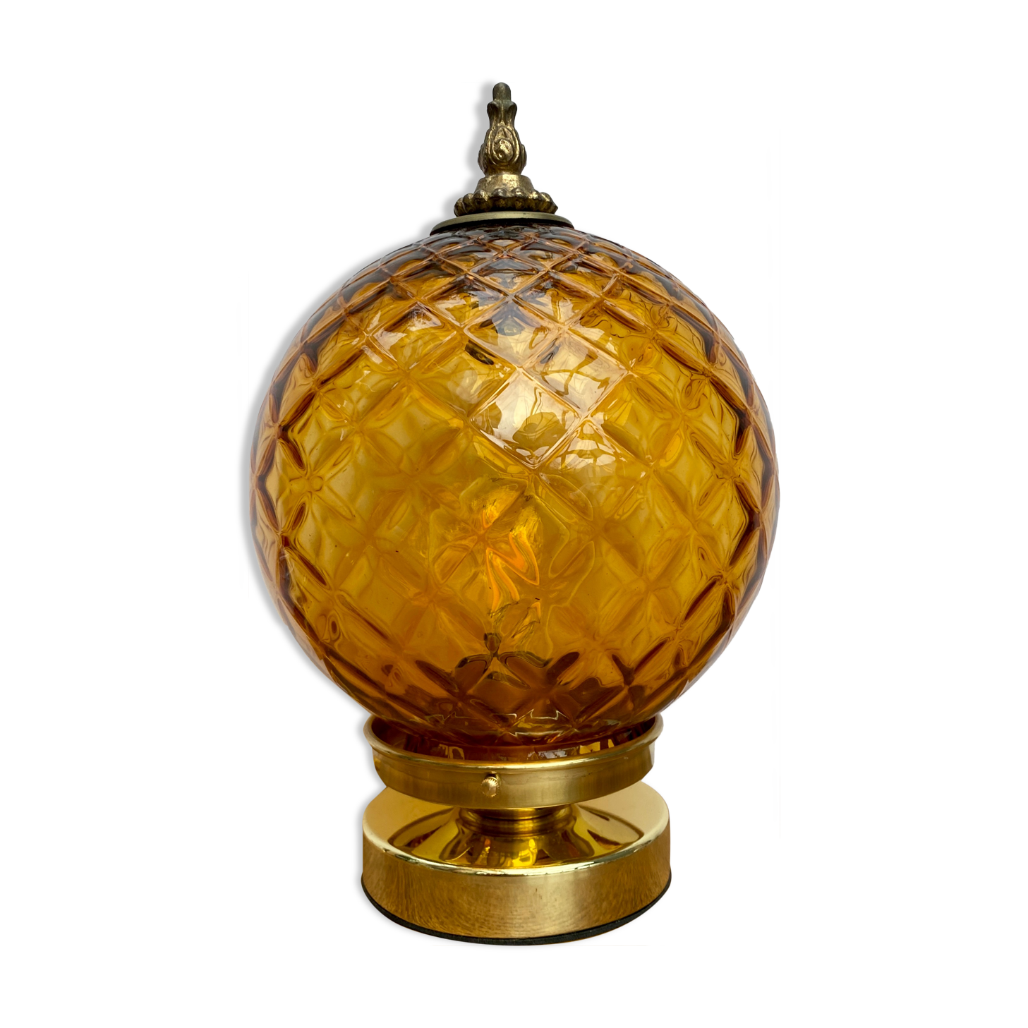 Vintage amber glass globe laying lamp with brass detail