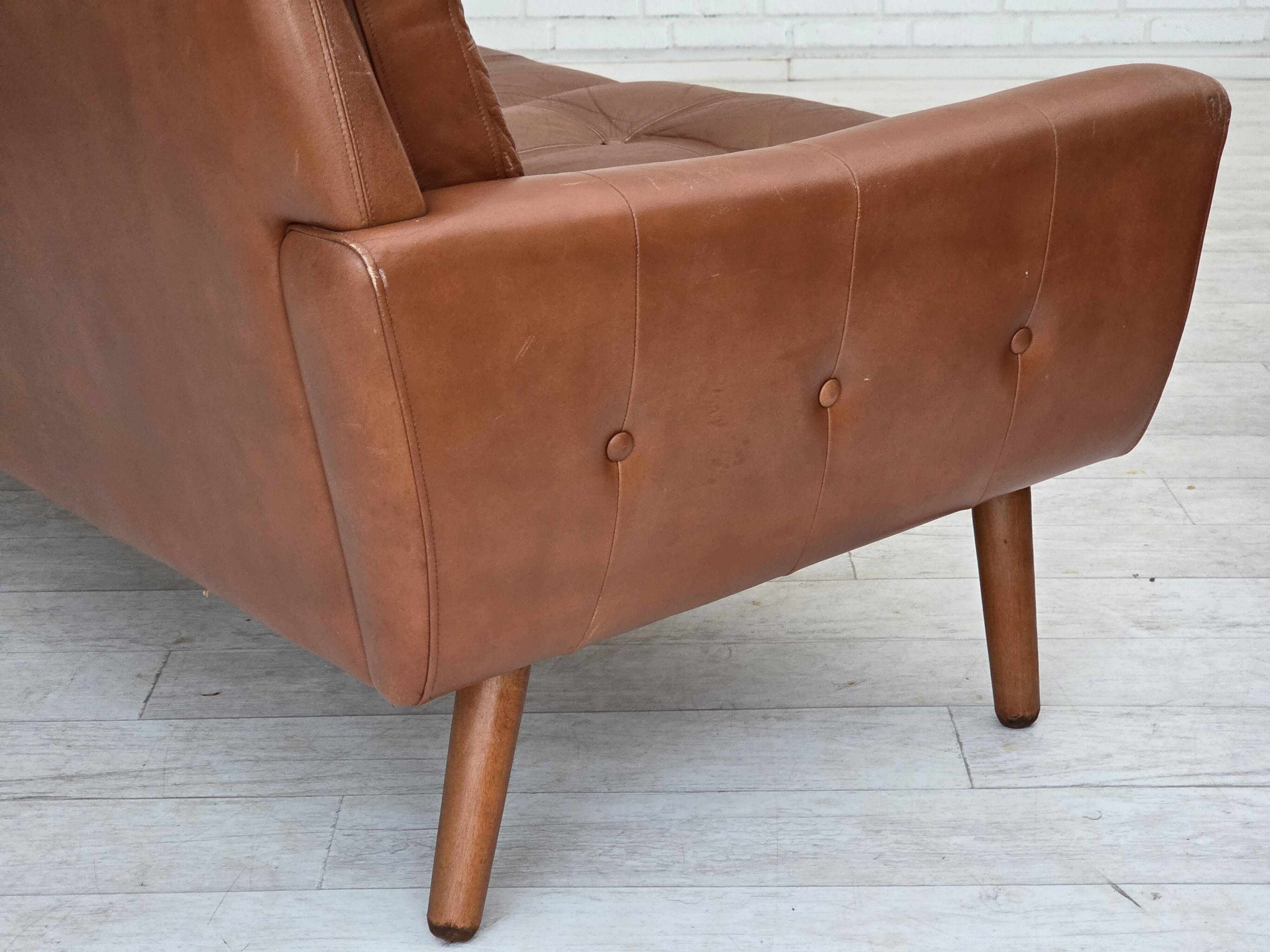 1970s, 3-seater Danish sofa, brown furniture leather with patina.