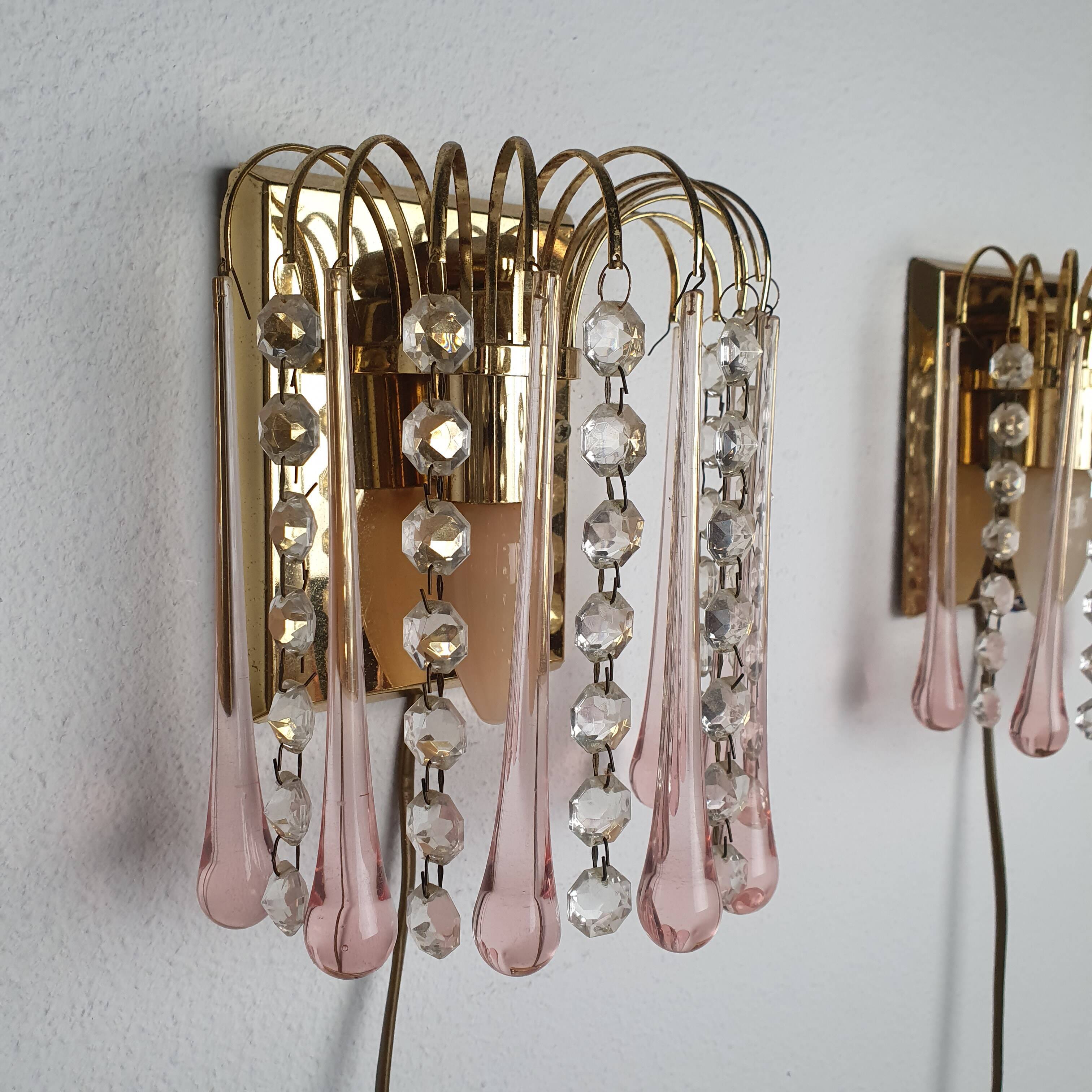 Set of 2 hollywood regency murano glass wall lamps, 1970s