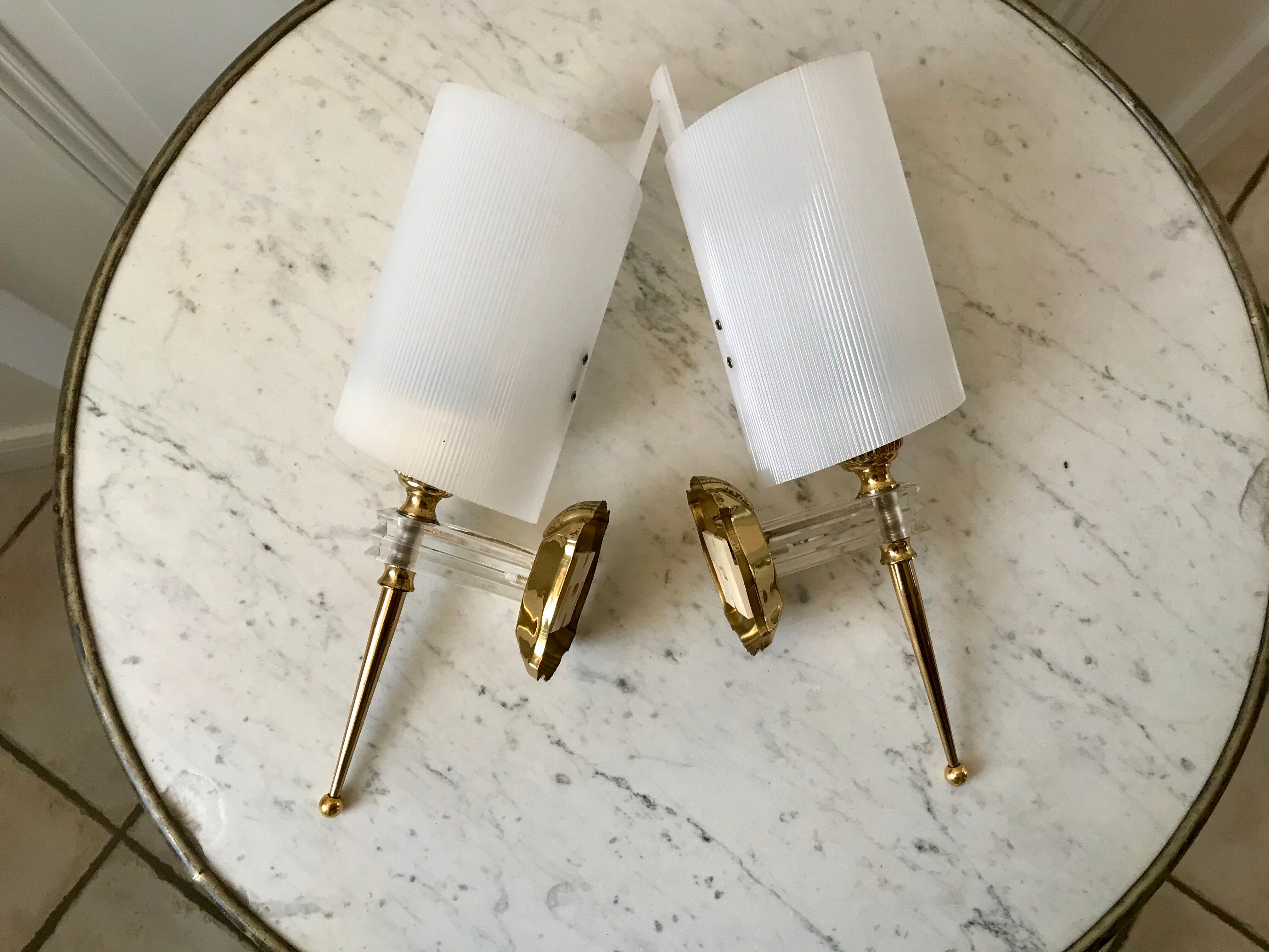 Pair of gold steel wall lamps, plexi and pleated plastic shades 60s-70s
