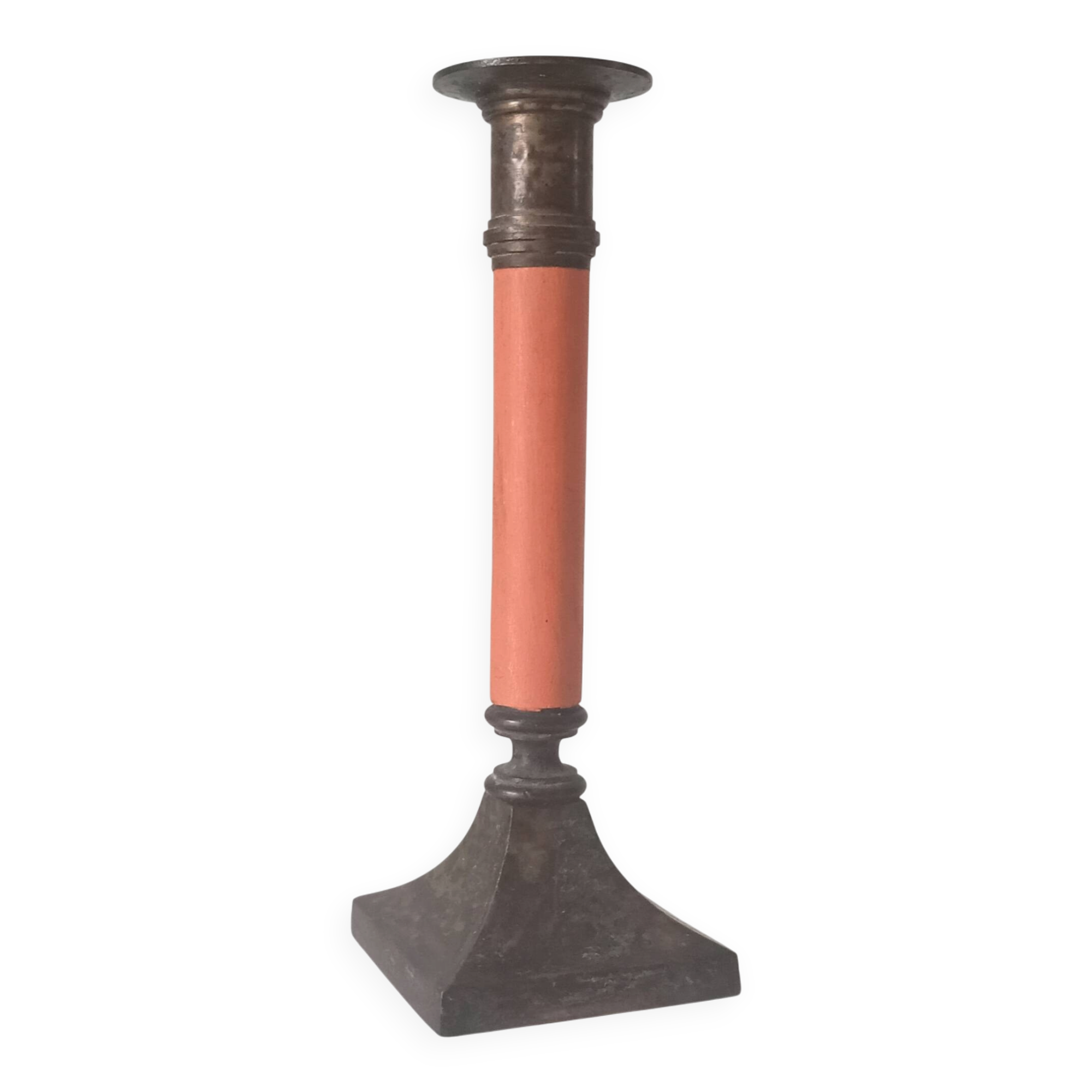 Vintage candlestick in solid gilded brass and orange wood.
