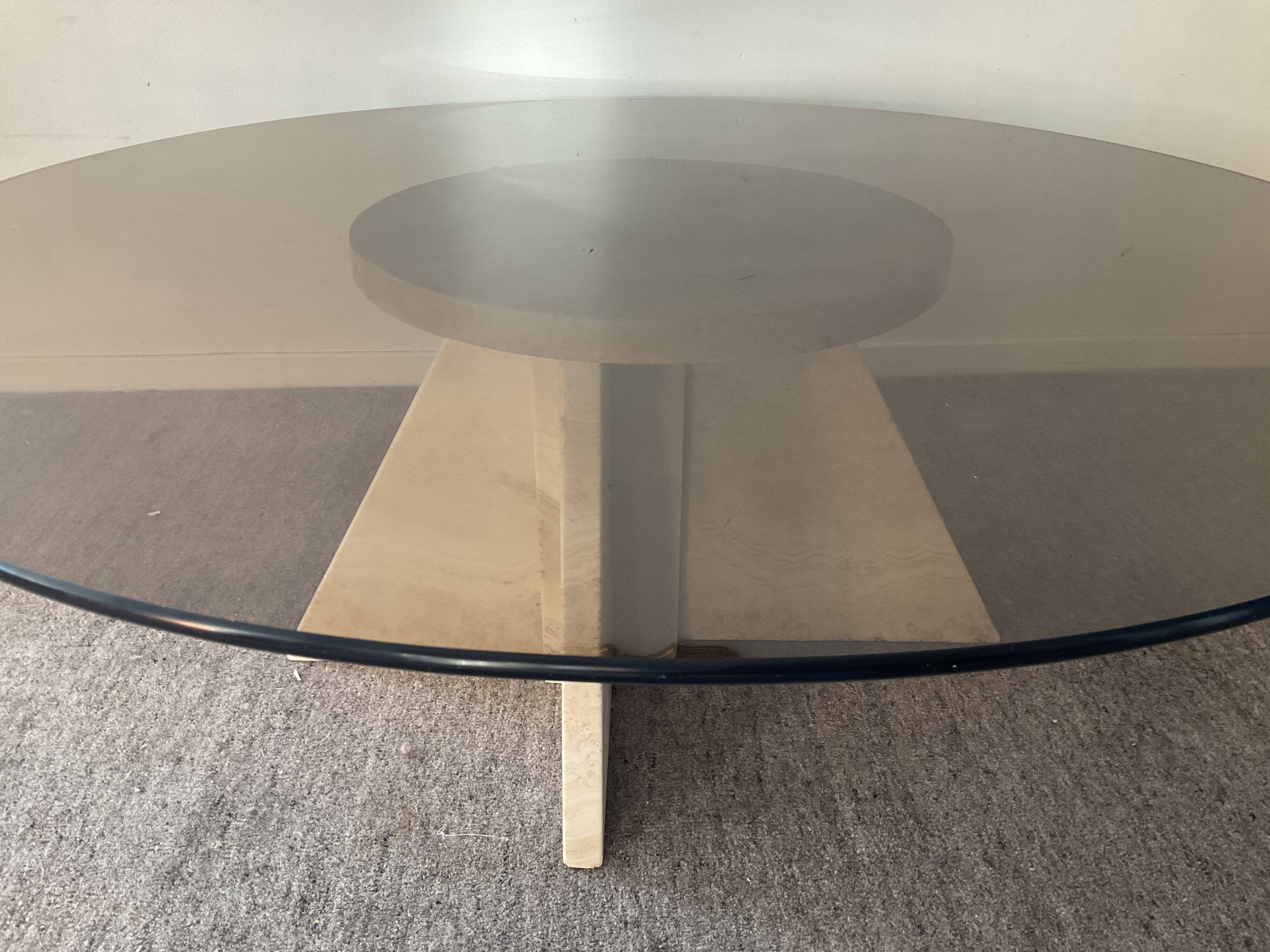 Vintage coffee table in travertine and smoked glass 70s